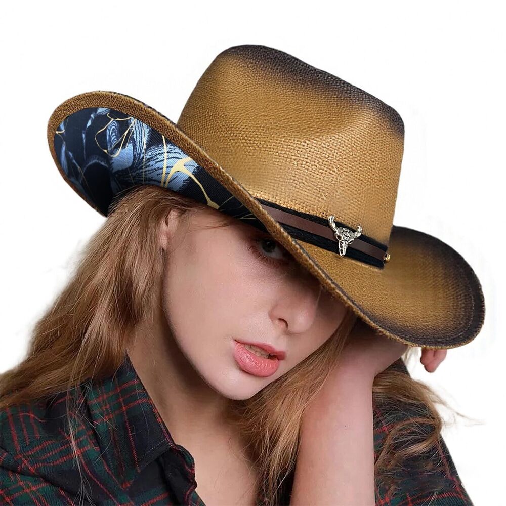 7777 Western Cowboy Hats and , Rolled Brim Straw Hats with Pattern，Music